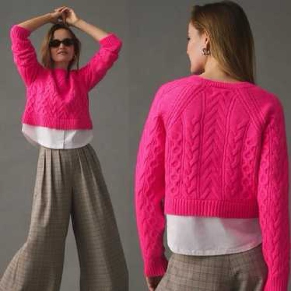 ANTHROPOLOGIE Maeve Pink Cable Knit Layered Pullover Sweater - Picture 1 of 8